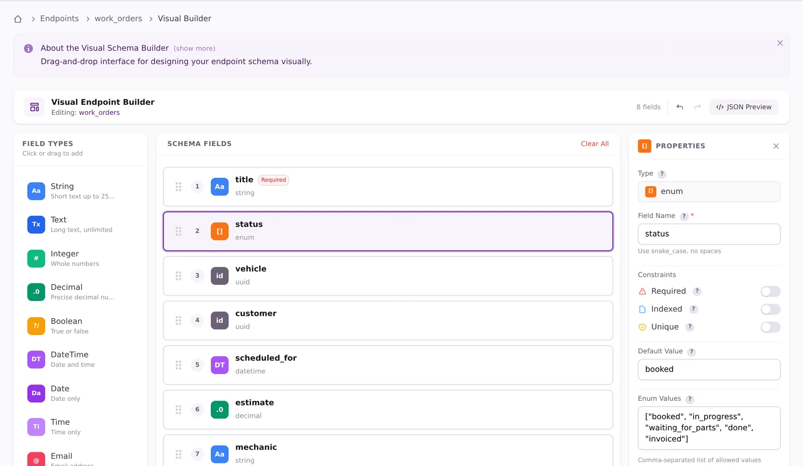 The vault56 visual endpoint builder with an endpoint and its fields