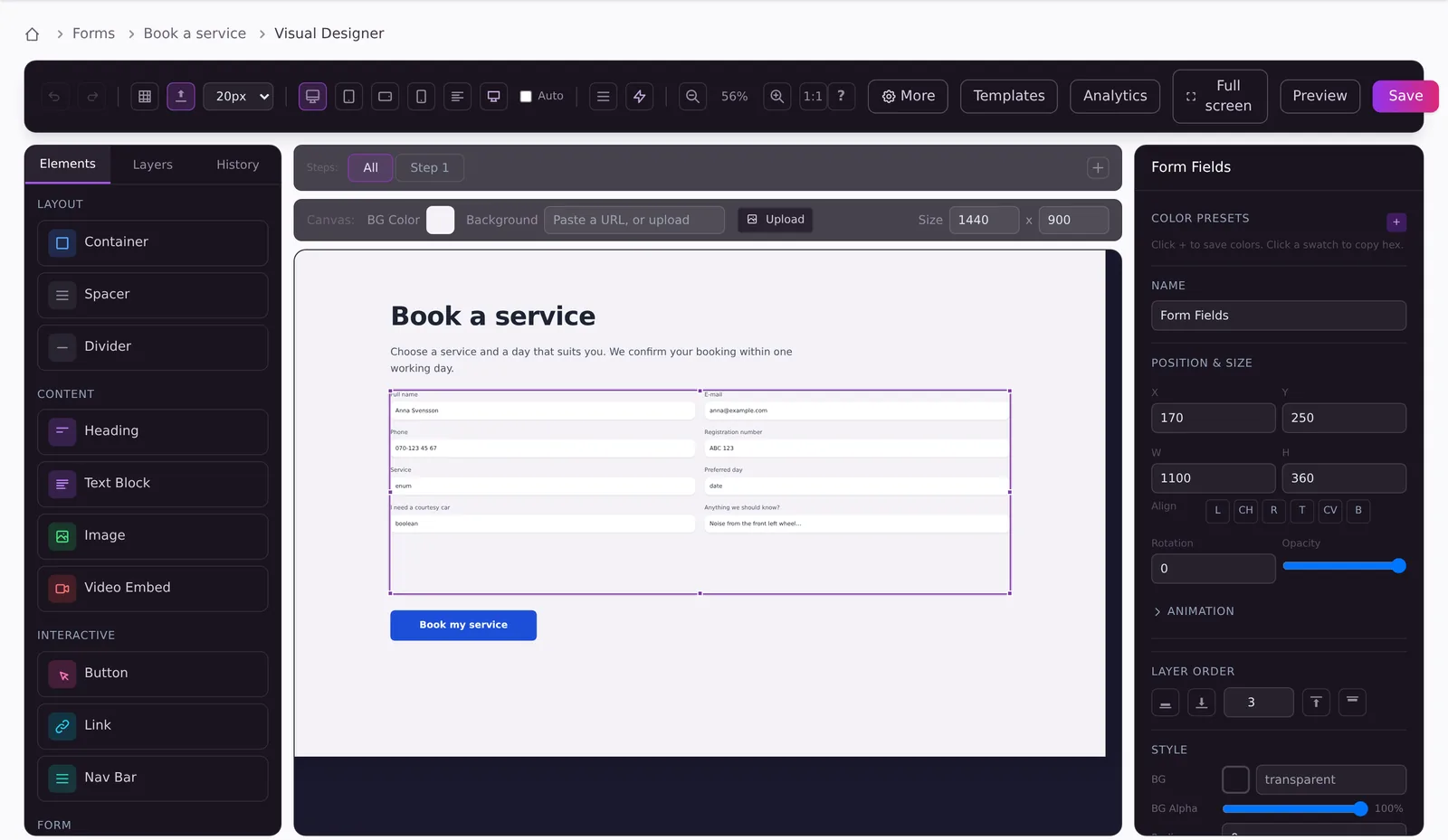The vault56 visual form builder designing a public form