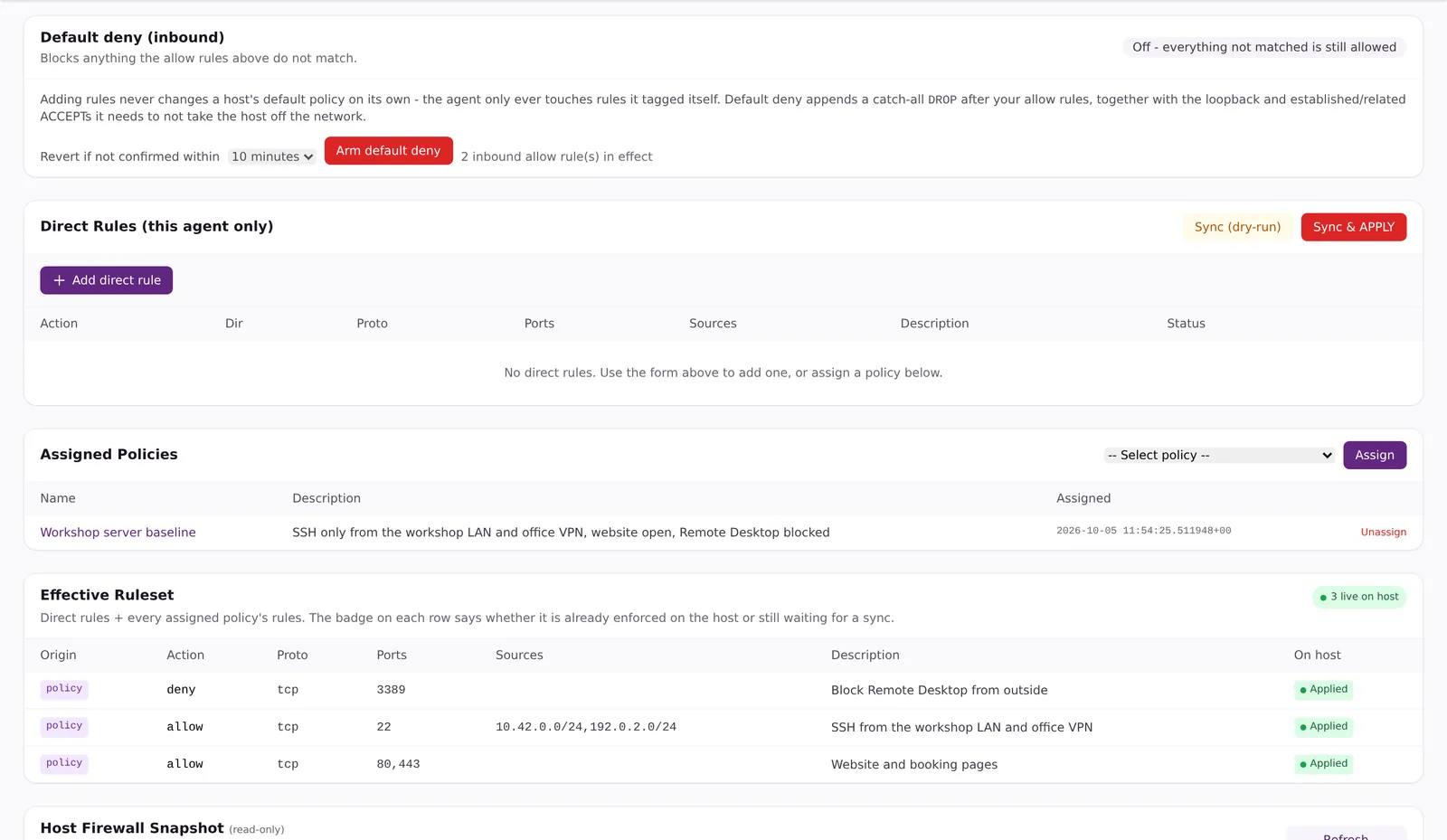 A firewall policy in the vault56 Remote Agent