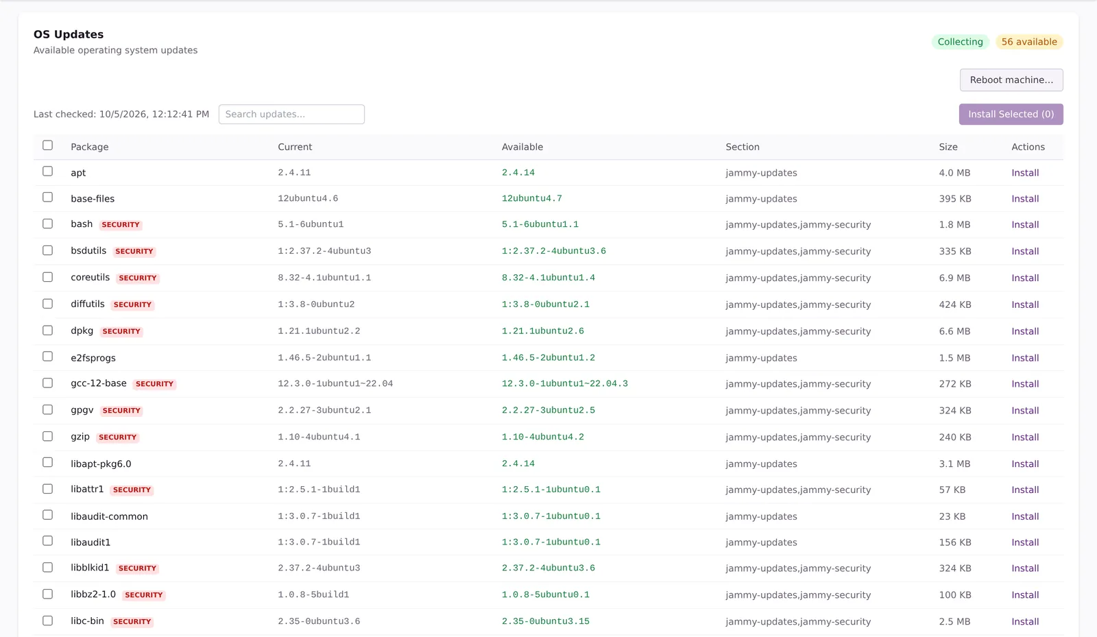Pending updates for a host in the vault56 Remote Agent