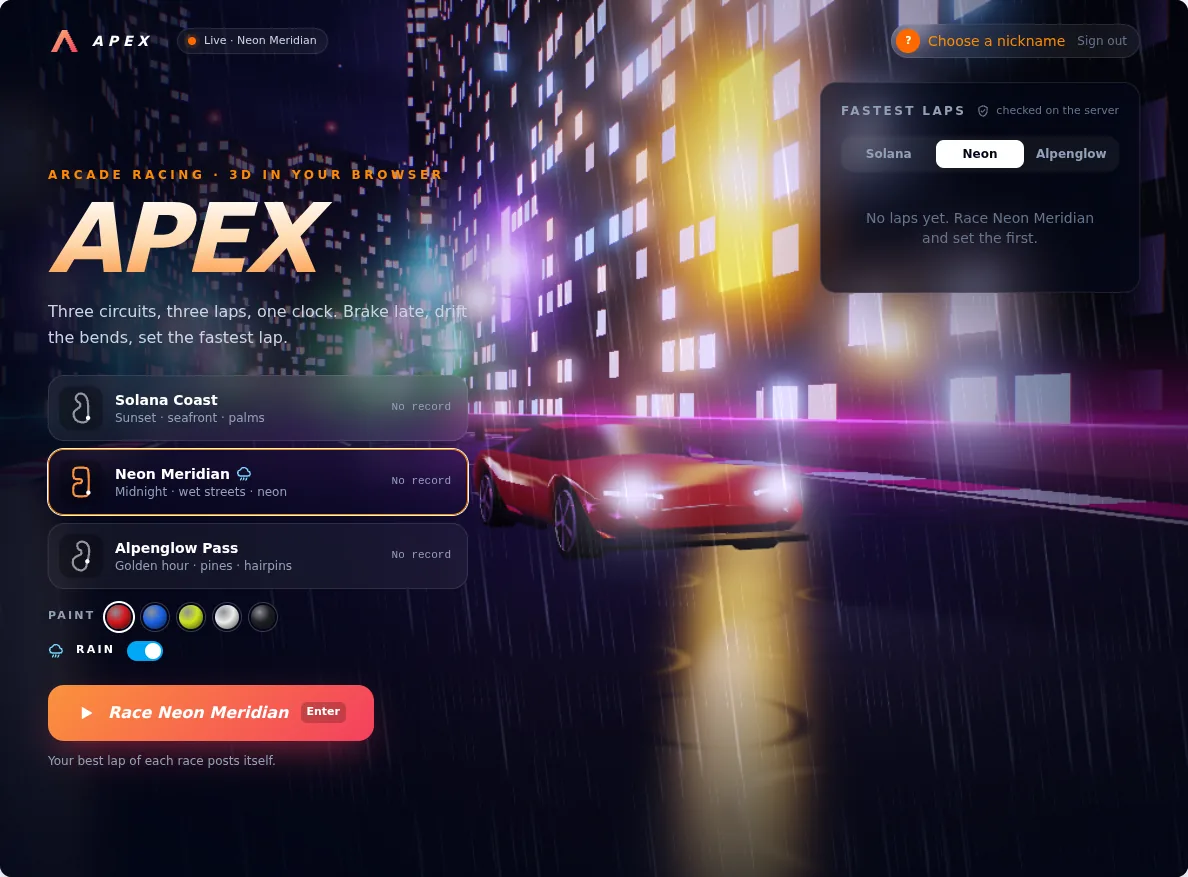 Apex, a 3D racer built in AI Studio, with rain added to one circuit by asking