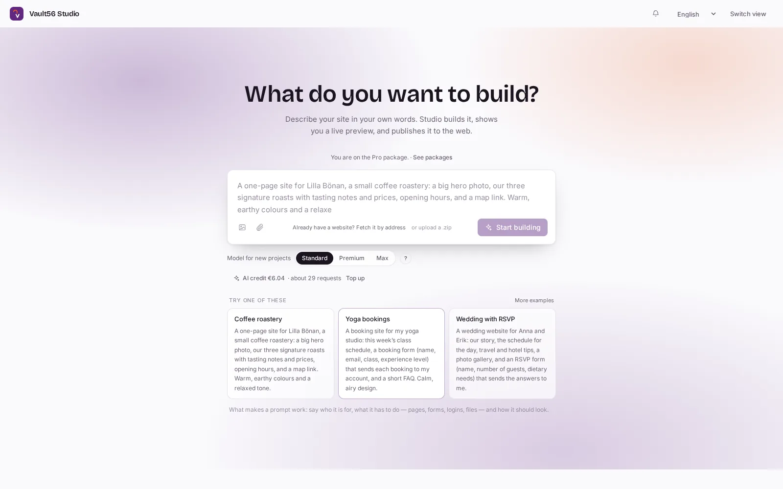 The vault56 AI Studio start screen: describe what you want to build